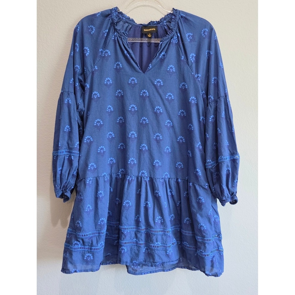 Sugarlips Mini Dress Womens XS Blue Floral Block Print Boho Cotton Excellent